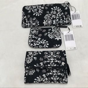 NEW-Vera Bradley Chandeloir Noir Set of Euro Wallet,Coin Purse & Sunglass Sleeve